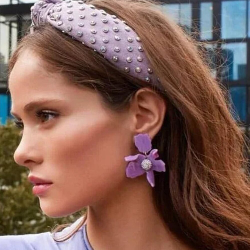 NWOT Lele Sadoughi Small Crystal Lily Purple Stud Earrings